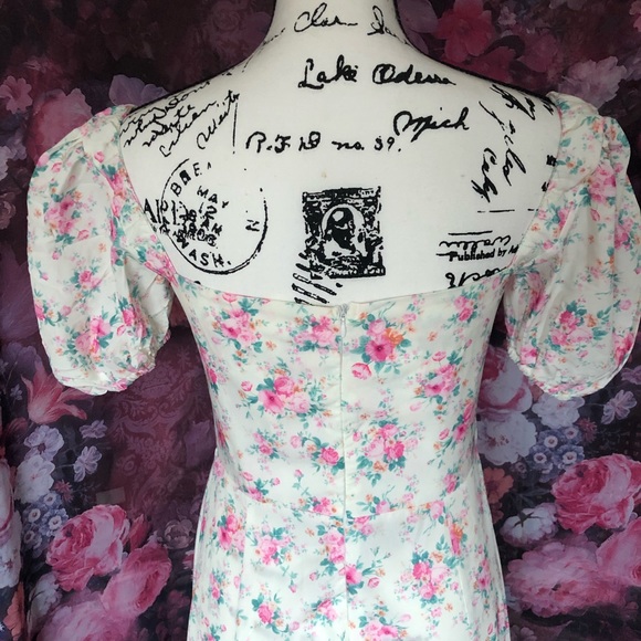 Floral dress puff sleeve summer flower slit long maxi cream gold women’s ruched - Picture 12 of 13